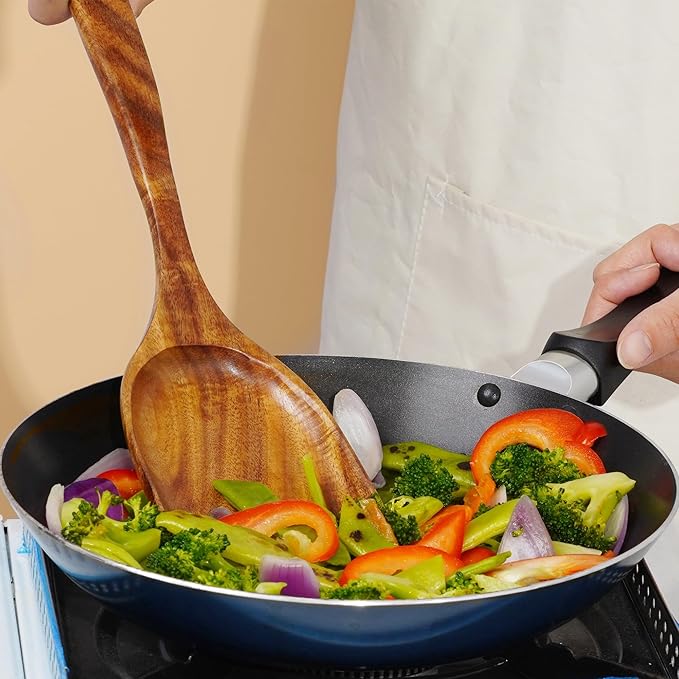 FJNATINH 2 Pcs Wooden Spatula Set for Cooking, Natural Teak Spatula and Slotted Turner for Non-stick Cookware, Kitchen Cooking Utensils for Frying Flipping Pancake Spatula