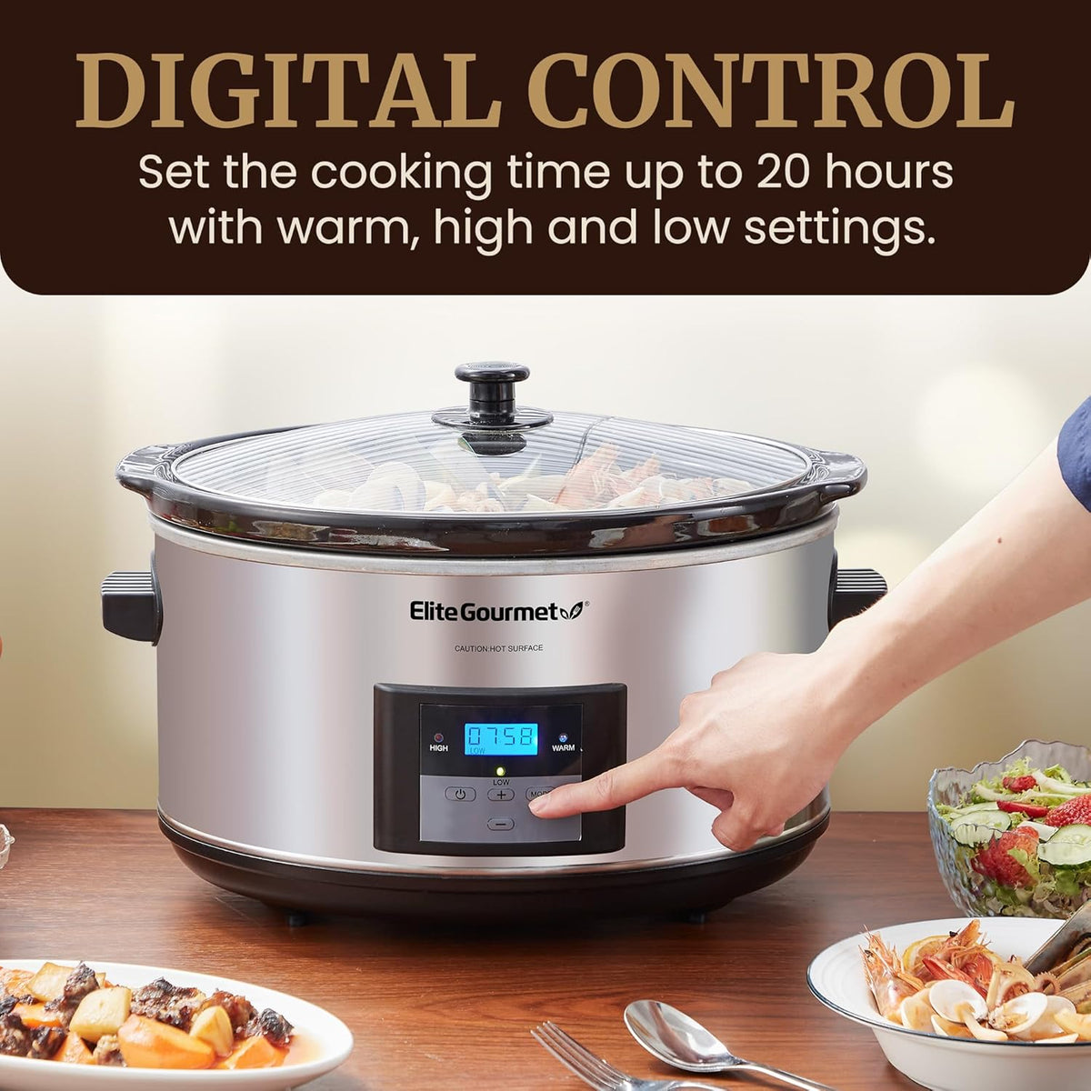 Elite Gourmet MST-900D 8.5Qt Digital Programmable XL Jumbo Slow Cooker, Adjustable Temp, Entrees, Sauces, Stews & Dips, Dishwasher Safe Glass Lid & Crock, Stainless Steel
