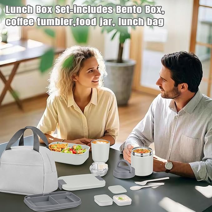 Large Bento Lunch Box Set for Adults Kids Women with 10.5oz Soup Thermo,Coffee Tumblers Men Girls Boys Teenagers Leak-Proof Lunch Food Containers with Lunch Bag