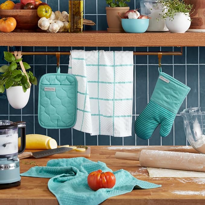 KITCHENAID Quilted Cotton Terry Cloth Oven Mitt, Pot Holder, Kitchen Towel 4-Pack Set, Heat Resistant, Silicone Grip, 16"x26", 7"x13" & 7"x10", Aqua Sky