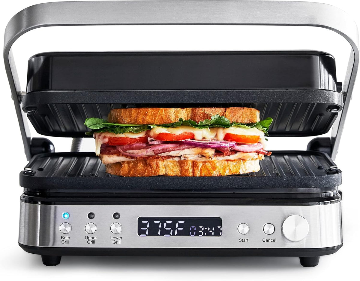 GreenPan Electric Indoor Stainless Steel 6-in-1 Contact Grill and Griddle, Healthy Ceramic Nonstick, Dishwasher Safe Reversible Plates, PFAS-Free