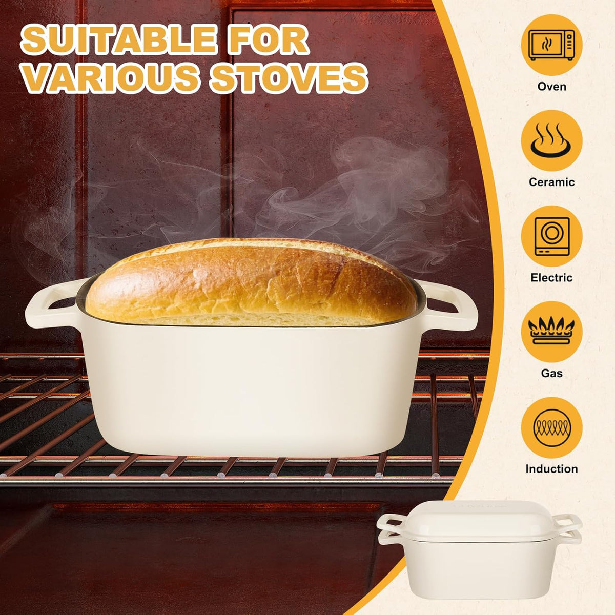 Oval Enameled Cast Iron Dutch Oven with Lid - 3.6QT Sourdough Bread Pans for Baking