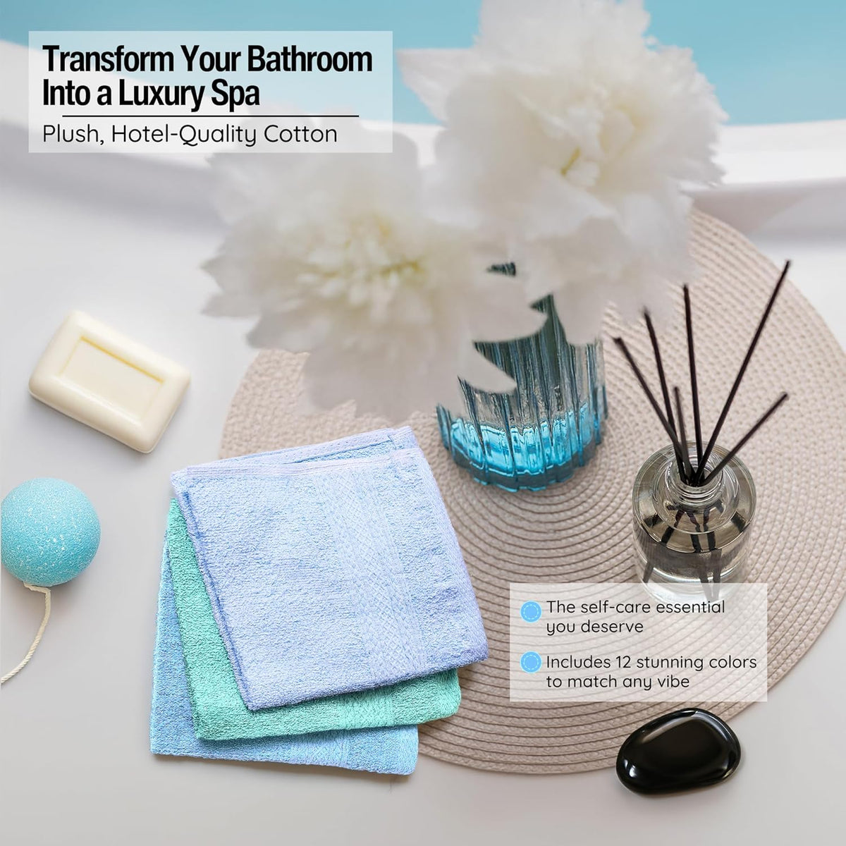 Luxurious Washcloths – Set of 12 – Size 13” x 13” – Thick Loop Pile Washcloth – Absorbent and Soft 100% Ring-Spun Cotton Wash Cloth – Lint Free Face Towel – Wash Cloths Perfect for Bathroom
