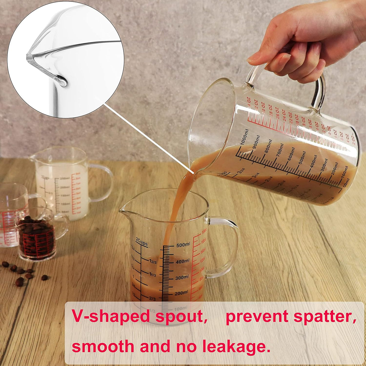 Glass Measuring Cup-[Insulated handle | V-Shaped Spout]-Made of High Borosilicate Glass Measuring Cup for Kitchen or Restaurant, Easy to Read, 1000 ML (32 Oz, 4 Cup)