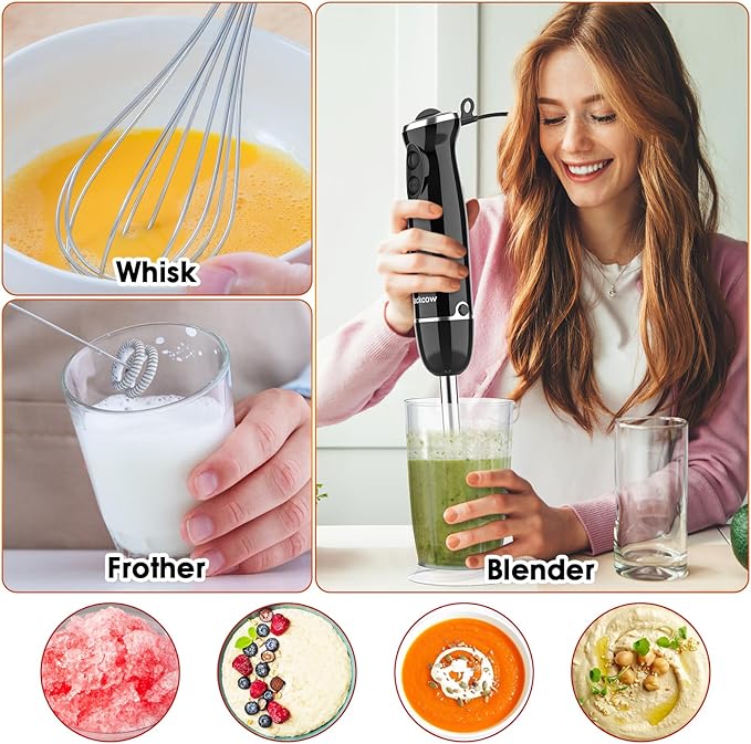 Immersion Blender Set for Kitchen,500W Extra Quiet Emulsion Blender Handheld,12 Speed Electric Hand Mixer with BPA Free Attachments:Chopper Bowl,Whisk,Milk Frother,Measuring Cup