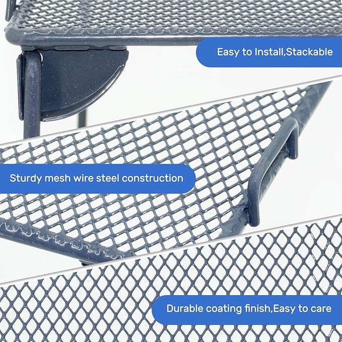 Neudeco Stackable Cabinet Shelf Organizer - 2 Pack Metal Mesh Stacking Shelves for Kitchen, Closet, Bathroom, Countertop and Cabinet -Gray