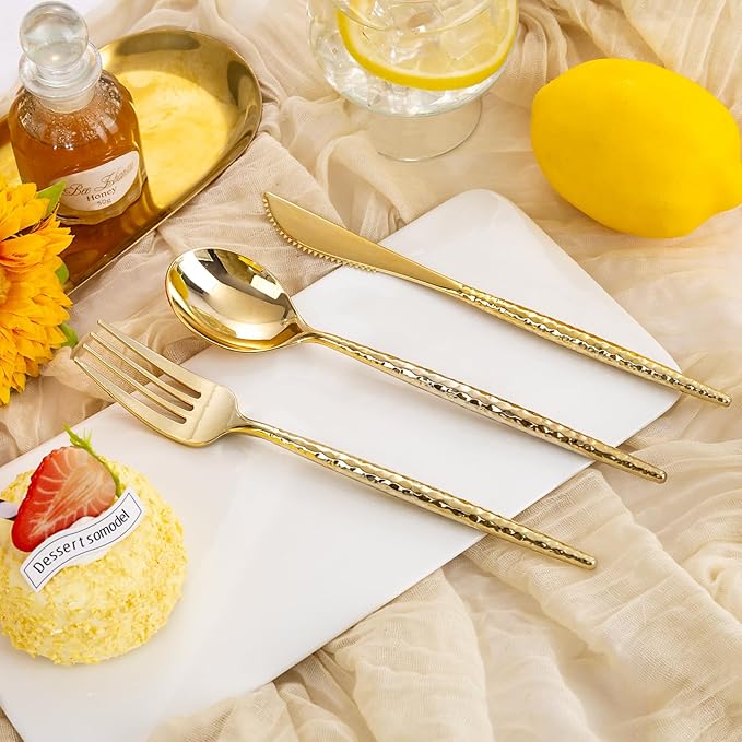 Rubtlamp 90Pcs Thanksgiving Gold Plastic Silverware, Gold Disposable Thanksgiving Utensils, Hammered Plastic Silverware, Gold Plastic Forks And Spoons Set Include 30 Forks, 30 Knives,30 Spoons