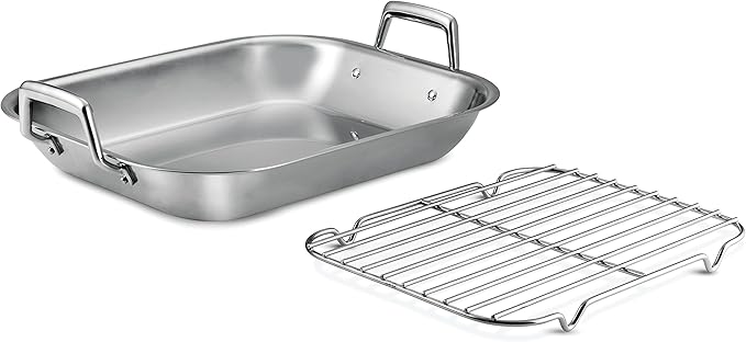 Tramontina 16.75-Inch Stainless Steel Roasting Pan with Rack, Flared Edge Turkey Roaster for Oven, Dishwasher Safe, Made in Brazil