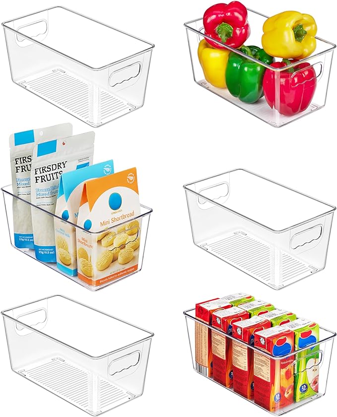 Vtopmart Clear Plastic Pantry Organizer Bins, 6 PCS Food Storage Bins with Handle for Refrigerator, Fridge, Cabinet, Kitchen, Countertops, Cupboard, Freezer Organization and Storage, BPA Free, Small