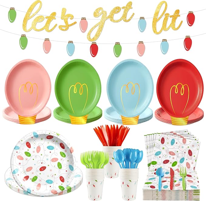 177Pcs Christmas Party Supplies Decorations, Disposable Christmas Light Bulb Paper Plates Napkins Cups Plastic Cutlery Serve 25, Heavy Duty Disposable Dinnerware Set for Holiday Home Xmas Party Decor