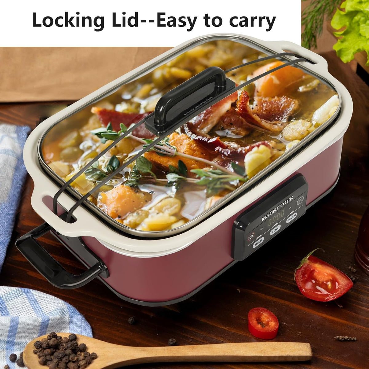 MAGNIFIQUE Small 4 Quart Casserole Programmable Slow Cooker with Ceramic Baking Dish - Perfect Kitchen Small Appliance for Family Dinners, Oven Safe and Durable Bakeware for Lasagna, Roasts (Red)
