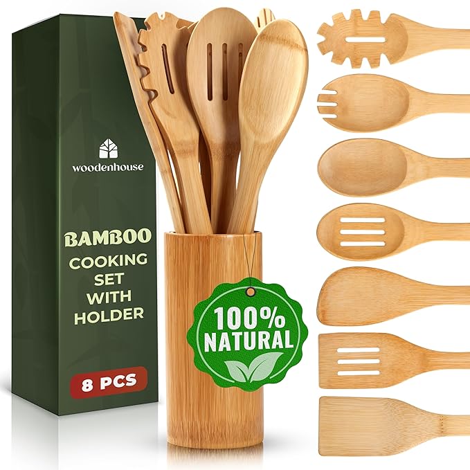 Bamboo Utensils 7 PCs with Holder – Bamboo Cooking Utensils Set + Holder for Nonstick – Wooden Spoon Sets for Cooking – Easy to Clean, Sturdy, Lightweight & Heat Resistant