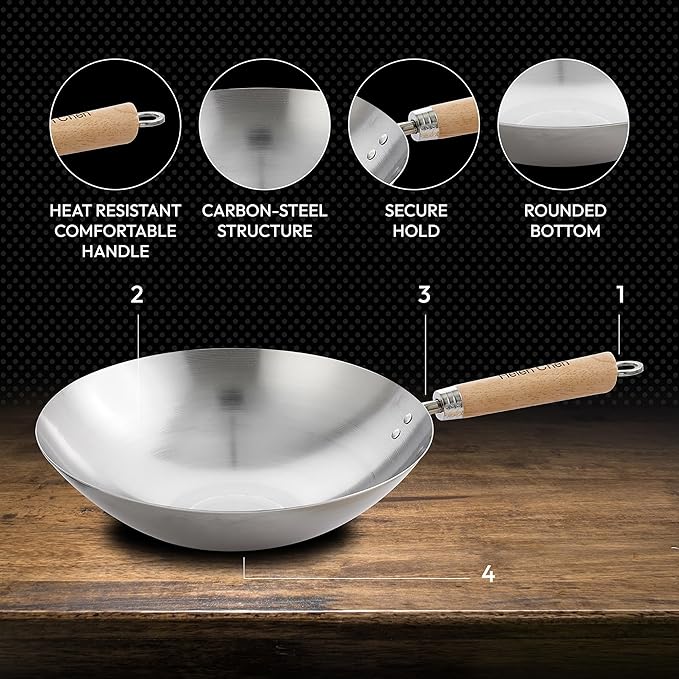 Helen's Asian Kitchen Round Bottom Wok Set, Carbon Steel and Bamboo, 12-Inches, 4-Piece Set