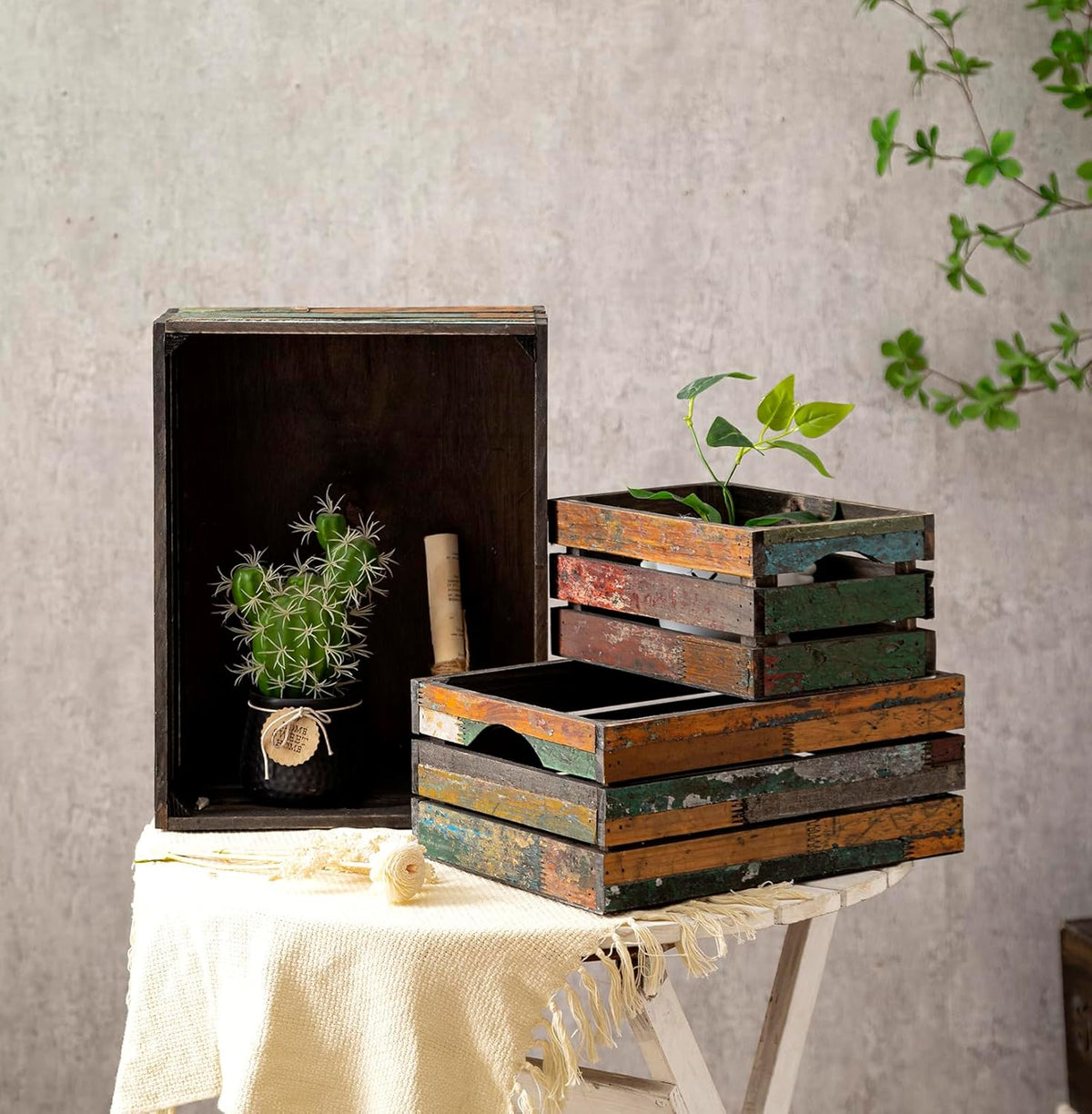 TIMRIS Set of 3 Rustic Distressed Wood Nesting Crates, Farmhouse Decorative Wooden Storage Boxes, Large Vintage Reclaimed Wood Baskets for Display (Random)