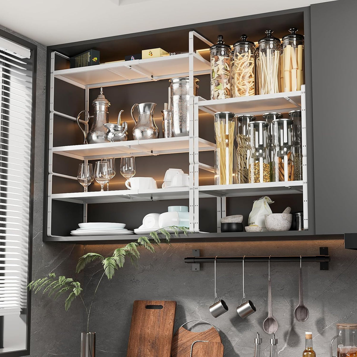 16.5~27.1" Expandable Shelf Organizer, 1Pack 10.2" Wide Stackable Cabinet Shelf Organizers, White Metal Sturdy Kitchen Counter Storage for Countertop, Adjustable Height Spice Rack