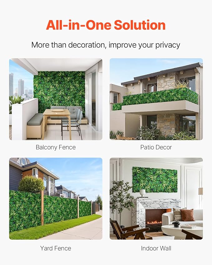 VEVOR Artificial Grass Wall Panels, 12 PCS 20 x 20 inch, 3D Combination Greenery Boxwood Panel for Indoor Outdoor Green Decor & Ivy Fence Covering, Privacy Backdrop Wall Hedge Screen for Garden