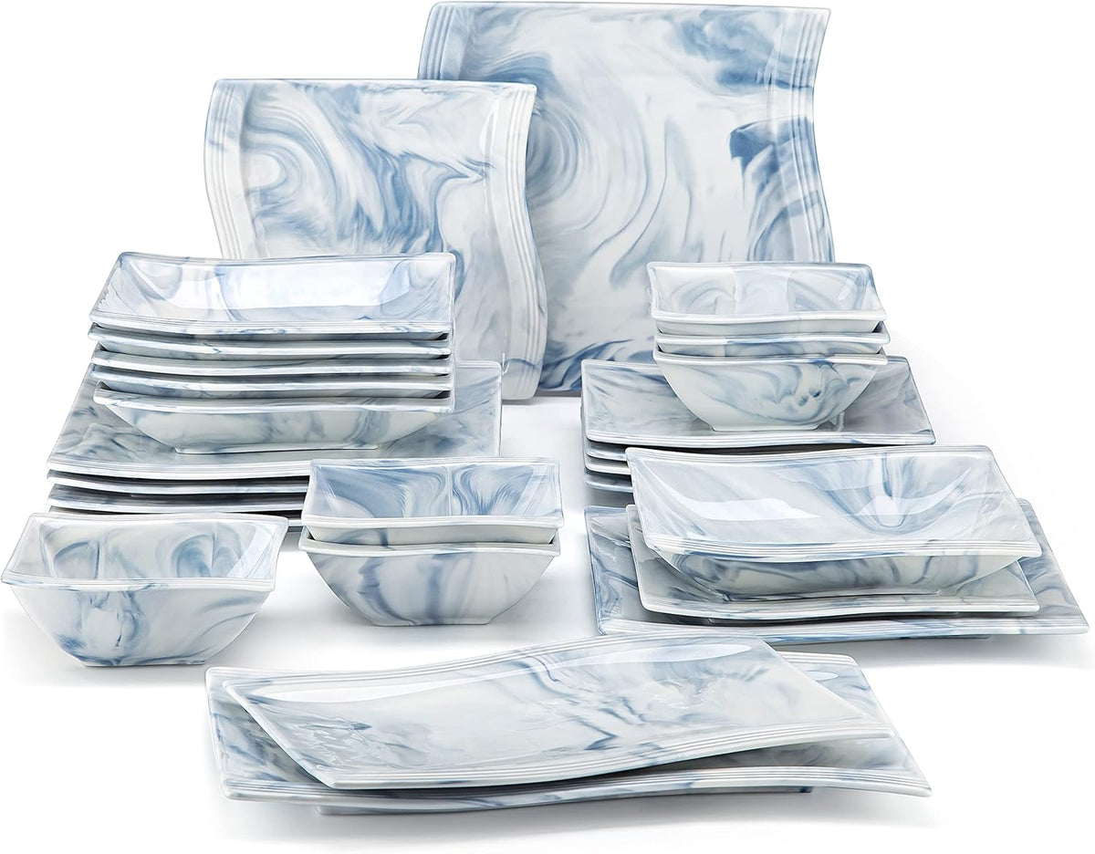 MALACASA Plates and Bowls Sets, 26 Piece Blue Dinnerware Sets for 6, Porcelain Dinner Set with Set, Dishes, Cereal Serving Platters, Kitchen Plate Bowl Series FLORA, 26 Piece(Service for 6)