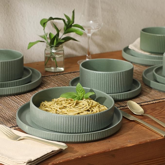 Gibson Elite Deerfield 16-Piece Stoneware Dinnerware Set – Matte Green Stackable Plates and Bowls, Reactive Glaze Finish, Service for 4 – Microwave & Dishwasher Safe