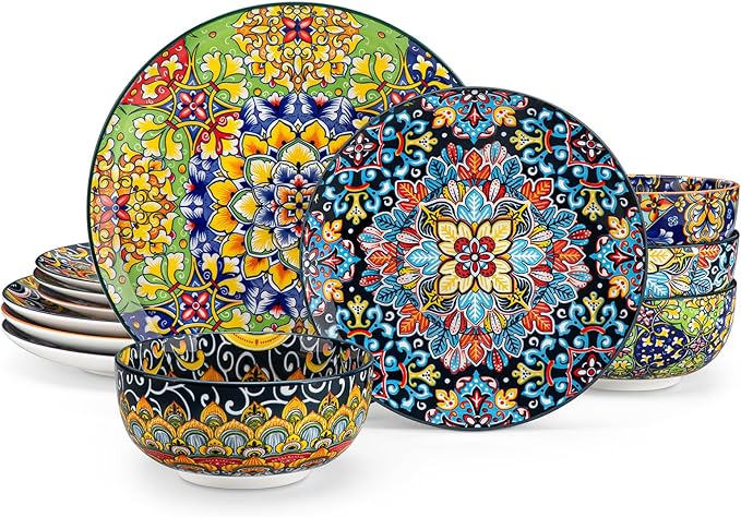 vancasso 12 Pieces Dinnerware Sets, Plates and Bowls Set, Porcelain Dishes Set for 4, Microwave and Dishwasher Safe, Scratch Resistant, Bohemian Style Dining Ware Service for 4, Series SIMI