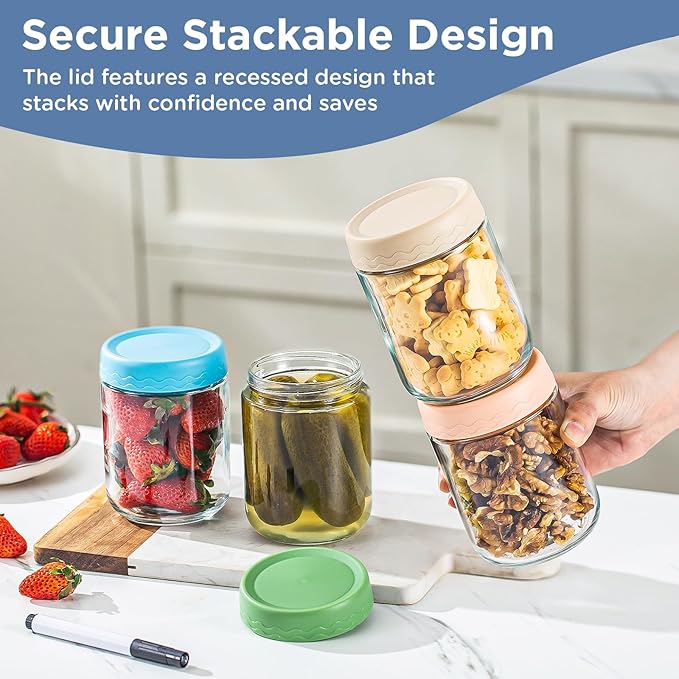 DRKIO 16 Oz Overnight Oats Containers with Lids - 4 Pack Glass Storage Jars with Airtight Lids Wide Mouth Mason Food Jars Great for Meal Prep Salad Chia Pudding Snacks Yogurt Sugar Spice Cereal