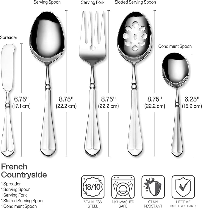 Mikasa French Countryside Flatware Set for 12, 65 Piece 18/10 Stainless Steel Silverware with Elegant Scroll Design and Serving Utensils, Durable Dinnerware Service
