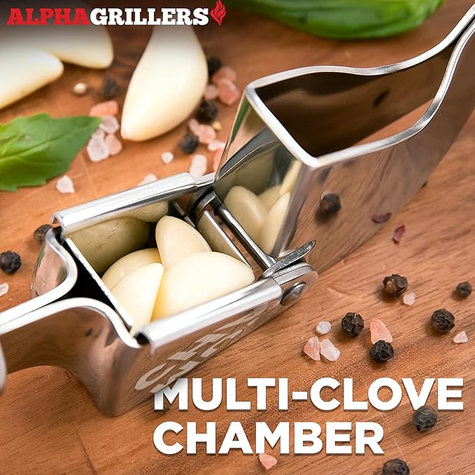 Alpha Grillers Garlic Press Stainless Steel - Professional Garlic Mincer and Crusher with Silicone Peeler Dishwasher Safe