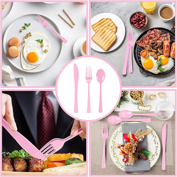 300 Pack Pink Disposable Plastic Silverware Heavy Duty, Plastic Cutlery Set,Forks and Spoons Knives Set for Birthday Party Prom Night, Weddings