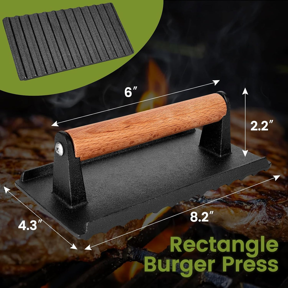 Burger Press, 8.3”X4.3” Rectangle Heavy-Duty Cast Iron Smash Burger Press Griddle Accessories with Heat Resistant Wood Handle for Blackstone Griddle, Ideal for Panini, Steak & Sandwiches