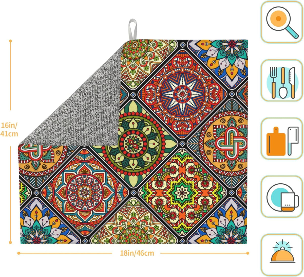 Mandala Colorful Kitchen Drying Mat Retro Microfiber Dish Drainer Mat for Kitchen Counter Boho Decor Absorbent Reusable Washable 16x18 Inch
