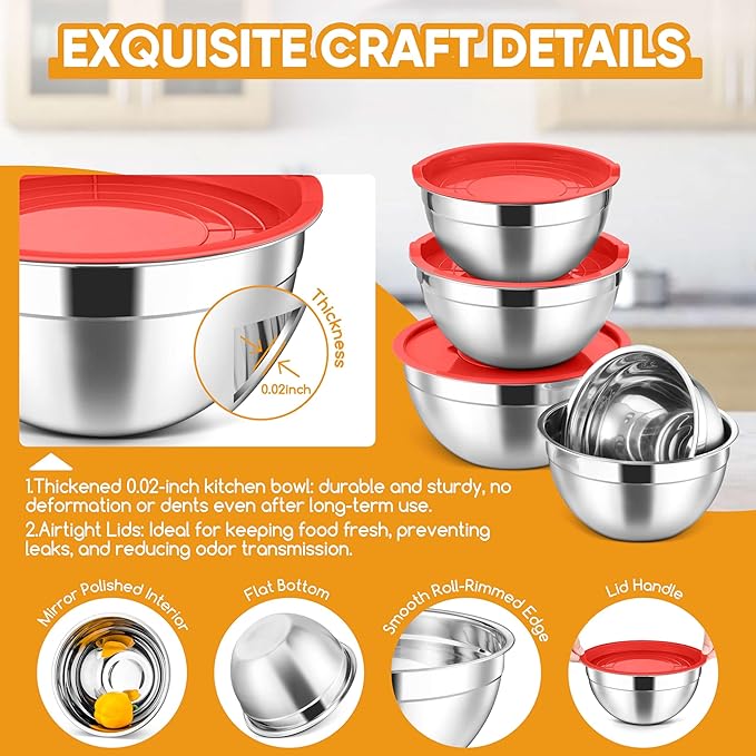 Herogo 5-Piece Mixing Bowls with Airtight Lids, 3 Grater Attachments, Stainless Steel Salad Serving Bowls for Kitchen, Size 4.6, 3.5, 2.5, 2, 1.5QT Ideal for Prepping & Cooking, Red
