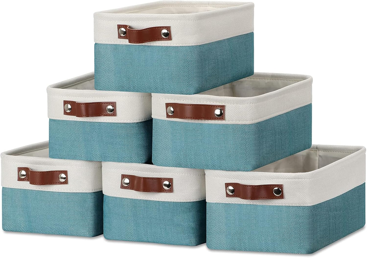 DULLEMELO Storage Baskets Bins for Organizing, Small Fabric Baskets for Shelves, Closets, Nursery, Home, Office, Empty Gift Baskets (6-Pack, White&Teal)