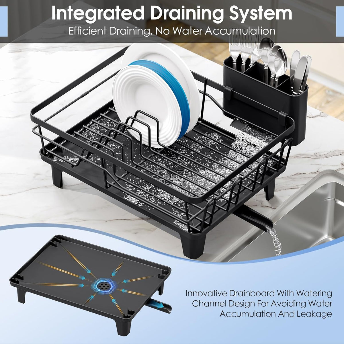 Dish Drainers for Kitchen Counter - Large Capacity Dish Drying Rack with Drainboard, Rustproof & Sturdy Design, Black Dish Rack Perfect for Plates, Cups & Kitchen Countertop Organization