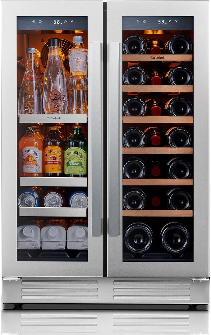Ca'Lefort 24 Inch Wine and Beverage Refrigerator, 60 Can and 20 Bottle Wine Fridge 36-72°F, 3 LED Dual Zone Wine Cooler with Glass Door, Built-in Compressor Refrigerator for Home/Kitchen (4.10 cu.ft)