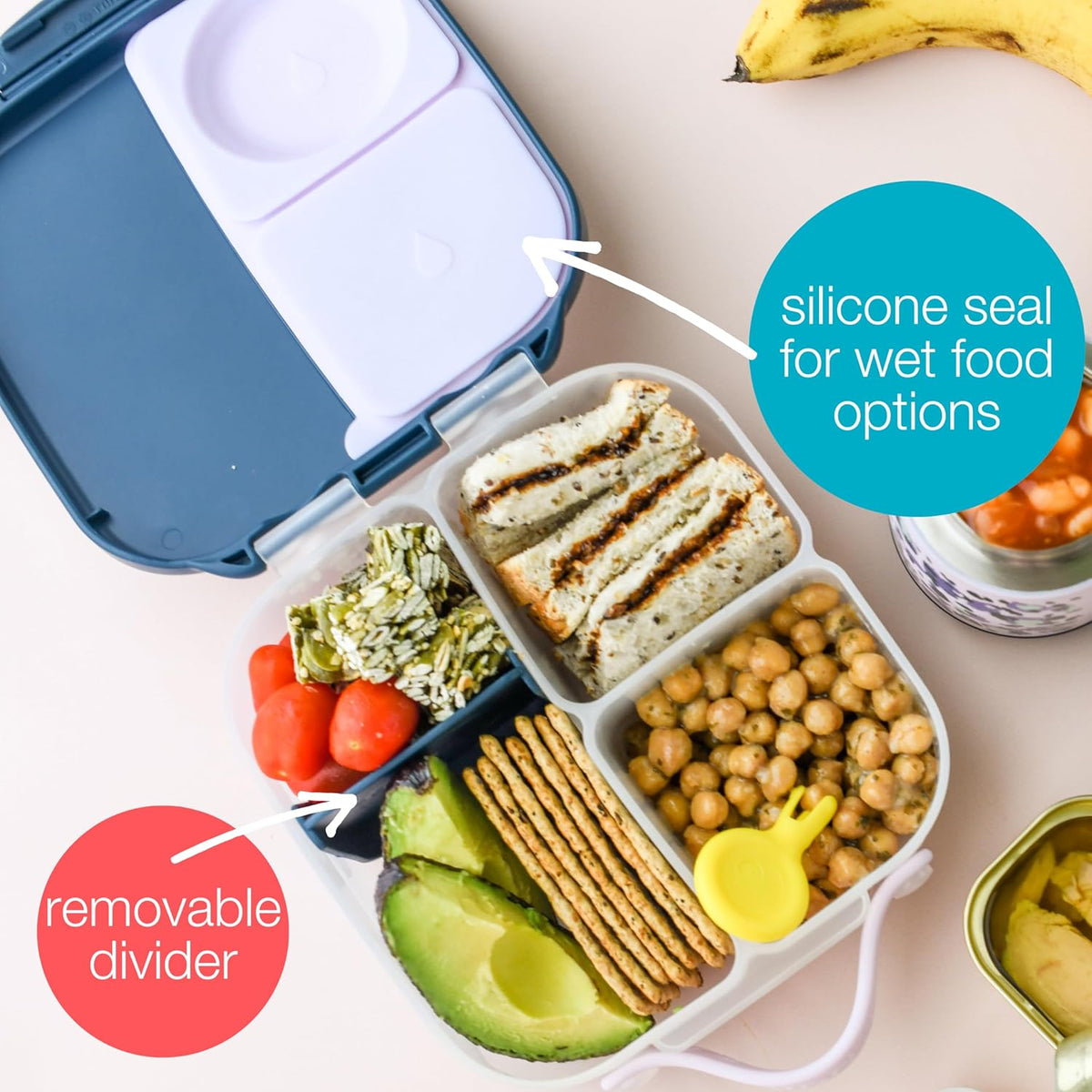 b.box Mini Lunch Box, Bento Box for Kids, Snack Container with 2 Leak Proof Compartments, Reusable Snack Containers with Lids, Kids Lunch Boxes Ages 3+, BPA Free, 4 1/4 Cup Capacity (Ocean Breeze)