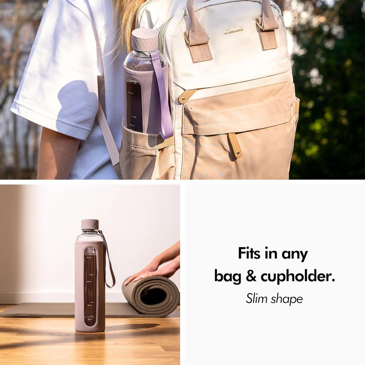 KIVY Glass Water Bottle with Silicone Sleeve 32 oz [WITH MEASUREMENT] - Borosilicate Glass Water Bottle Screw Top - Clear Bottles with Measurement Marking - Slim Waterbottle Aesthetic - Taupe