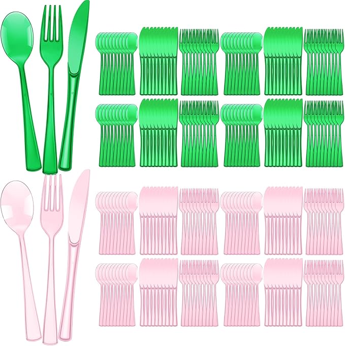 Minatee 150 Pieces Disposable Cutlery Set Plastic Silverware Heavy Duty Utensil Sets 50 Forks 50 Knives 50 Spoons for Home Office School Party Picnics Restaurant Outdoor Events (Pink,Green)