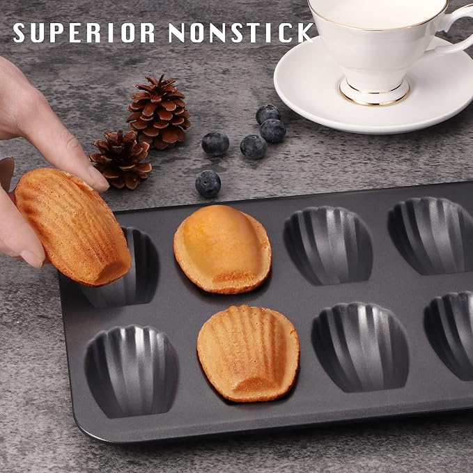 HONGBAKE Nonstick Madeleine Pan 2 Pack 12-Cavity Heavy Duty Madeleine Cookies Trays for Oven Baking, Warp Resistant Shell Shape Madeleine Mold Cake Pan, Space Grey