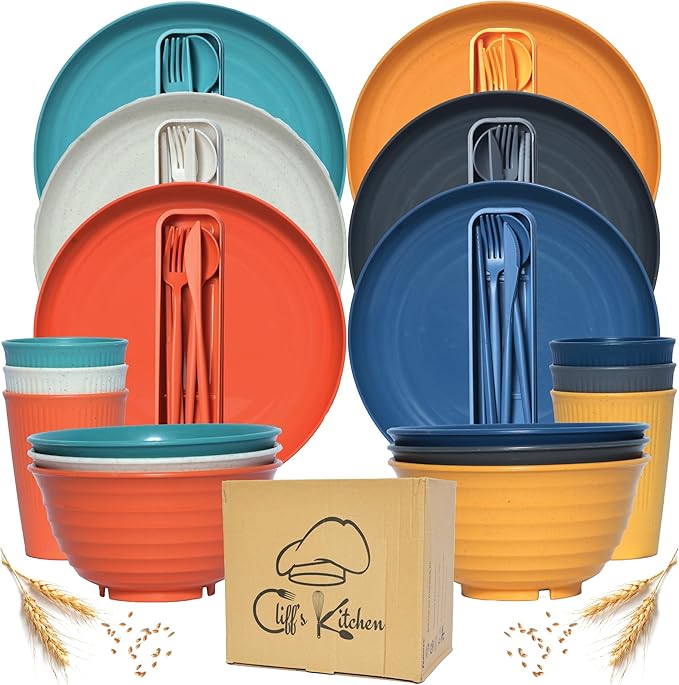 48 Pcs Wheat Straw Dinnerware Sets for 6- Unbreakable Dinnerware Set with Large Plates, Bowls and Cups-BPA Free, Lightweight, Microwave Safe Wheat Straw Plates and Bowls Sets, RV Camping Dishes