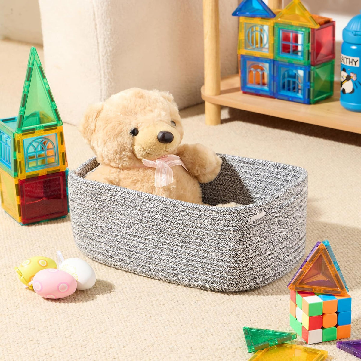 Small Storage Baskets for Organizing | Closet Organizer Bins | Shelf Toy Basket | Woven Rope Baskets | Cube Decorative Box | Shallow Basket | 13x8.5x5.1” | 3 Packs Mixed Grey