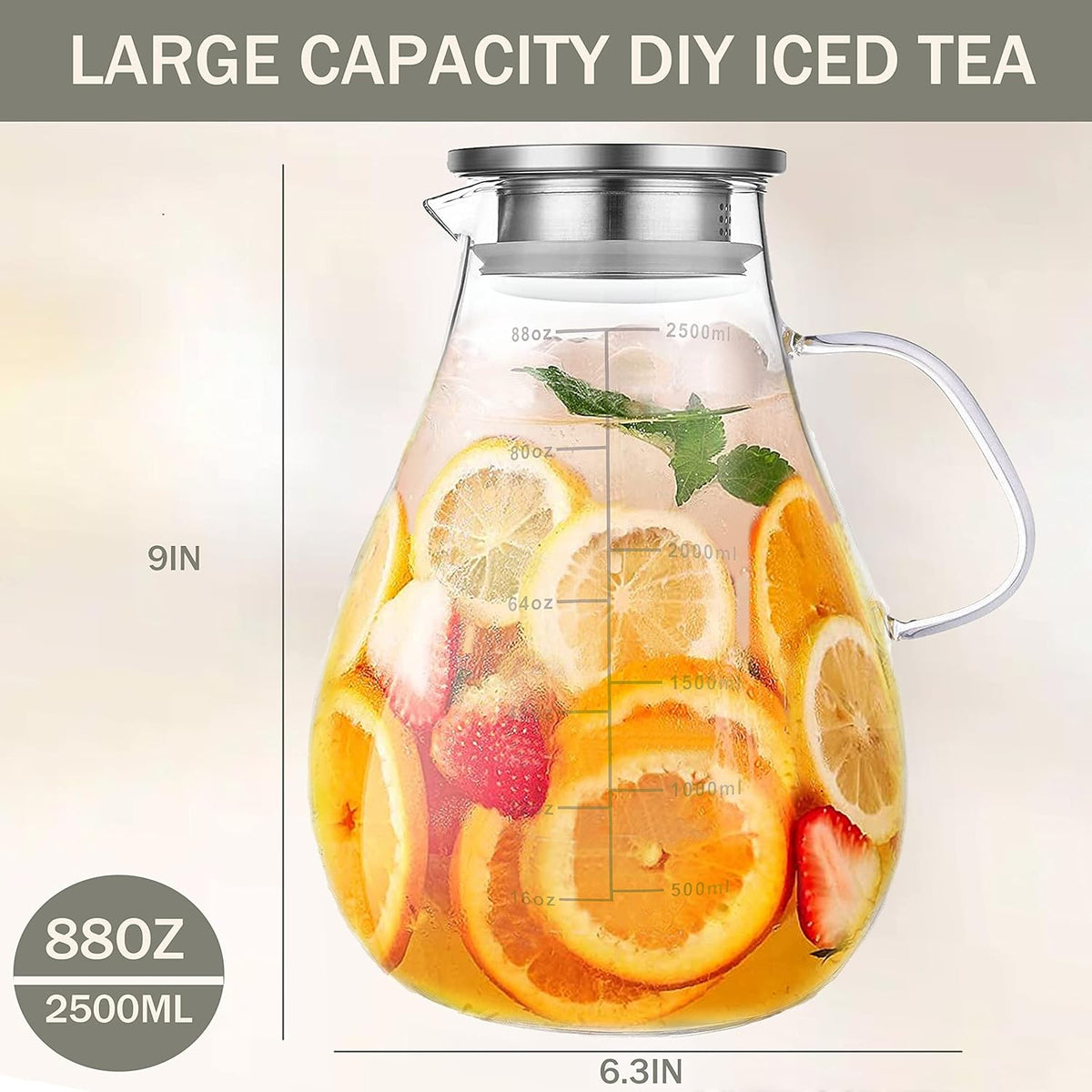 Glass Pitcher with Lid,88 Ounces -2500ml with Precise Scale Line, Hot/Cold Water Jug, Juice and Iced Tea Beverage Carafe with Lid