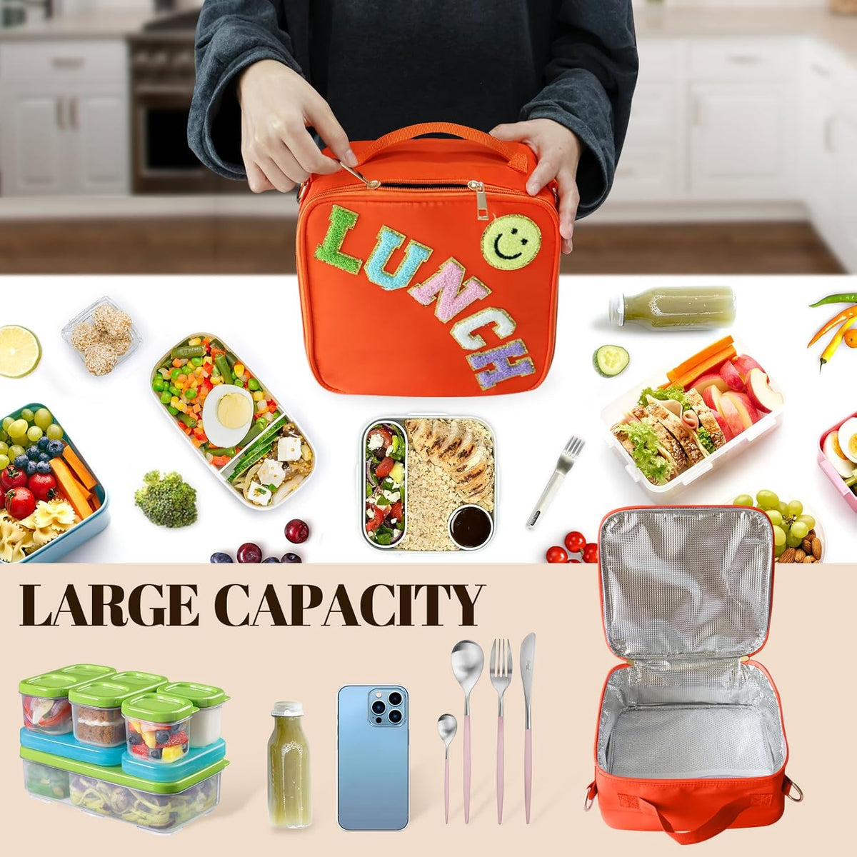 Insulated Lunch Bag With Adjustable Shoulder Strap, Nylon Preppy Lunch Box Large Insulated Lunch Bag Reusable Lunch Tote Bag with Smiley Preppy LunchBag for Girls School Travel Picnic (Orange)