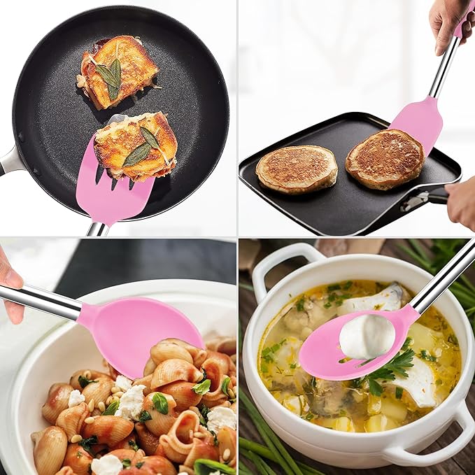 Silicone Spatula Spoon Set, 4 PCS Silicone Cooking Utensils Spatula Spoon Set with Stainless Steel Handle, BPA Free Kitchen Turners for Frying, Mixing, Serving, Draining, Turning, Stirring, Pink