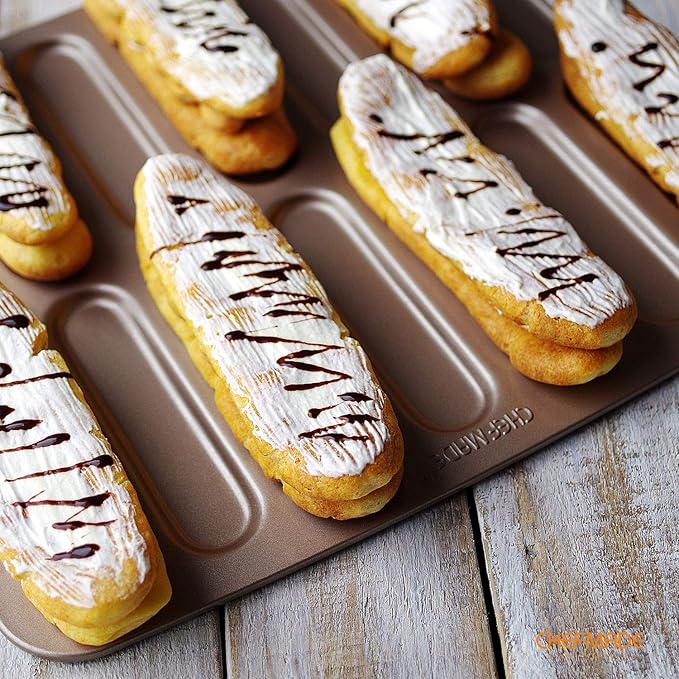 CHEFMADE Eclair Cake Pan, 14-Cavity Non-Stick Mini Eclair Cookie Biscuits Bakeware for Oven Baking (Champagne Gold)