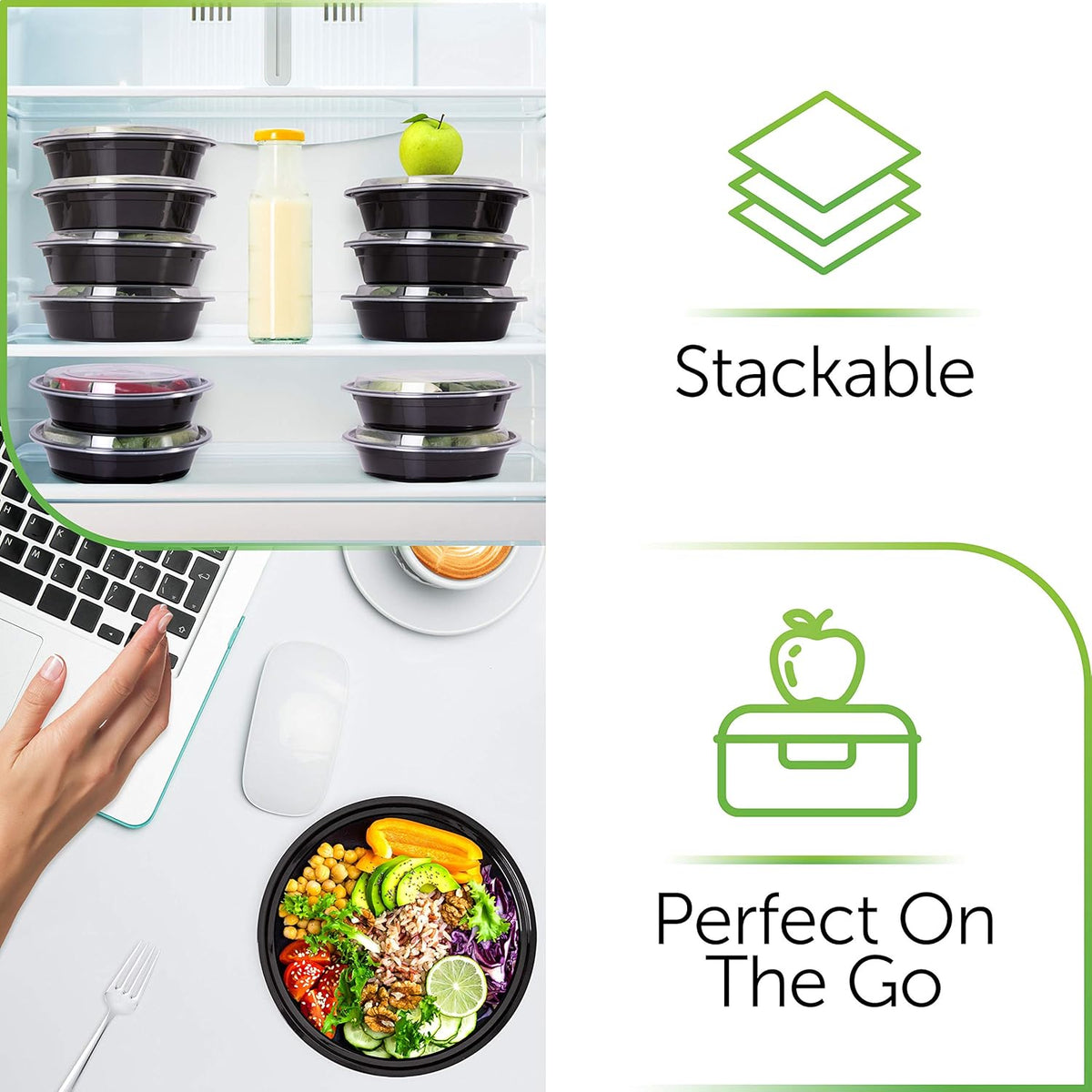PrepNaturals Reusable Plastic Containers with Lids, 60 Pack, Black, Meal Prep Bowls, Lunch Containers, BPA, PVC and Phthalate Free, Microwave and Freezer Safe