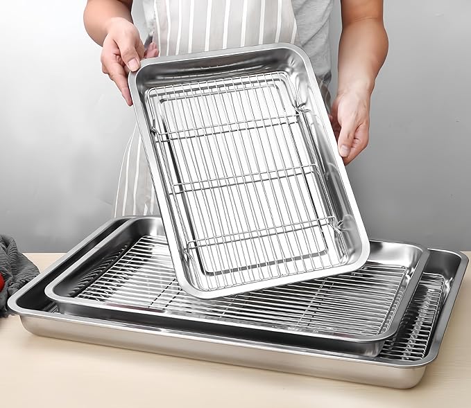 Roasting Pan Heavy Duty Stainless steel Turkey Pans for Oven,Toaster Oven Tray Pans with cooling rack,Hotel Pan, Barbeque Grill Pan,Deep Edge,Mirror treatment, Dishwasher Safe (17.5"x13.6"x2.8")
