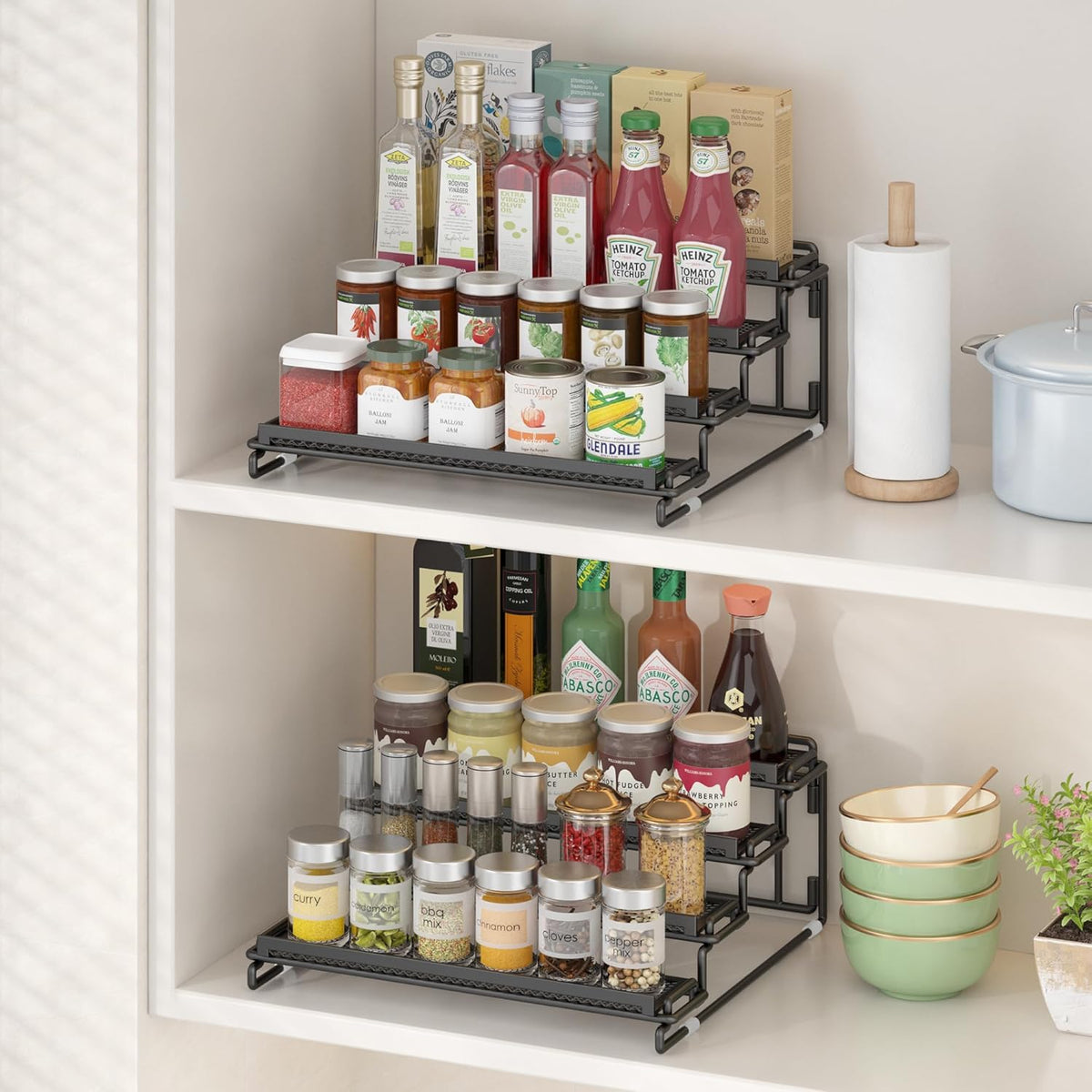 4 Tier Spice Rack Organizer for Cabinet - Black (2 Pack) | Spice Holder Shelf with Protection Railing for Inside Cabinets, Countertop, Pantry Storage & Seasoning Organization