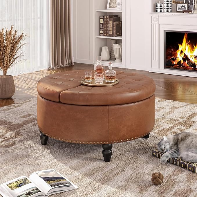30 Inch Large Round Ottoman with Storage, Modern Leather Ottoman Coffee Table with Lift Top, Upholstered Button Tufted Footrest Stool Toy Blanket Storage for Living Room, Brown