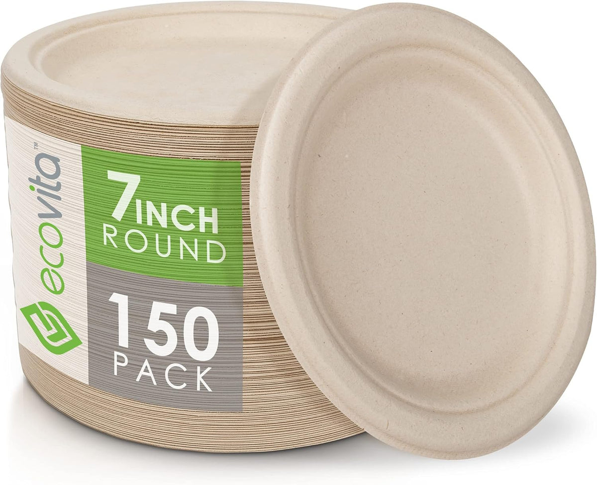 100% Compostable Paper Plates [7 in.] – 150 Disposable Plates Eco Friendly Sturdy Tree Free Liquid and Heat Resistant Alternative to Plastic or Paper Plates