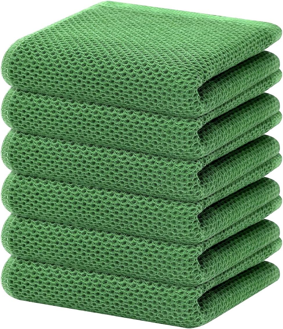 Homaxy 100% Cotton Waffle Weave Kitchen Dish Towels, Ultra Soft Absorbent Quick Drying Cleaning Towel, 13 x 28 Inches, 6-Pack, Grass Green