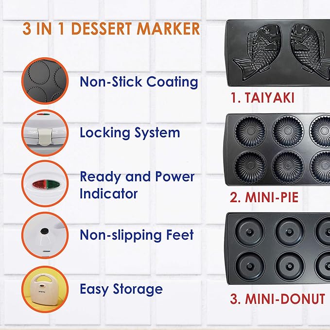 Mini-Donuts Maker, Mini-Pie and Quiche Maker, Taiyaki Maker – NEW 3 in 1 Three Slices Detachable Dessert Maker by StarBlue – White AC 110-120V 50/60Hz 700-800W